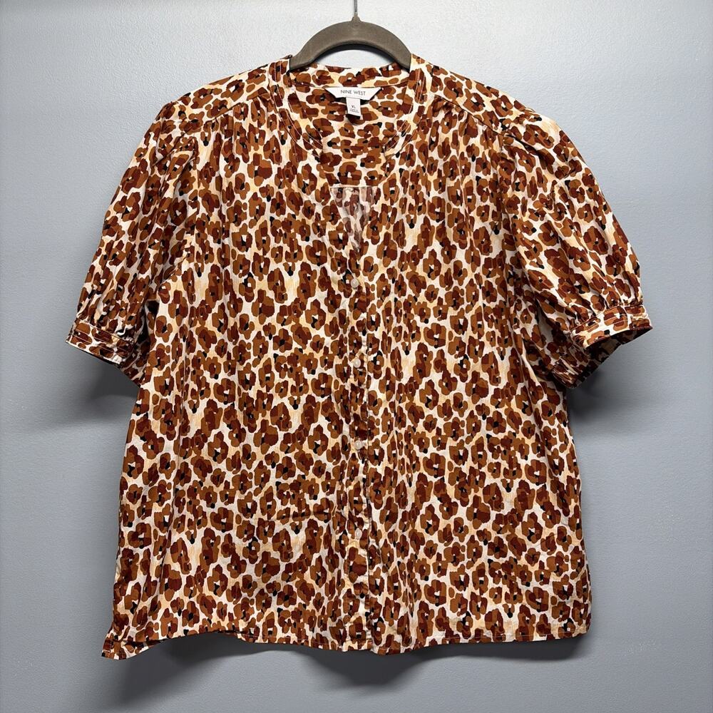 Nine West Blouse Orange/Brown Leopard Print Puff Sleeve Sz XL -Perfect Fall Top!